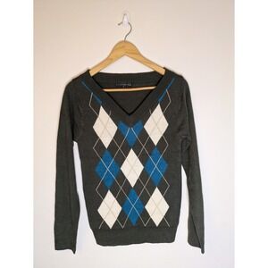Pierri New York Argyle Sweater V Neck Gray Blue White Long Sleeve Size S Preppy